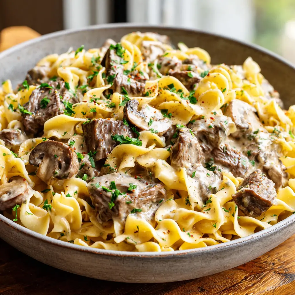 Beef Stroganoff Pasta Bowl final presentation