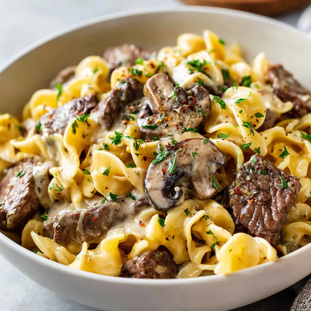 Beef Stroganoff Pasta Bowl close up