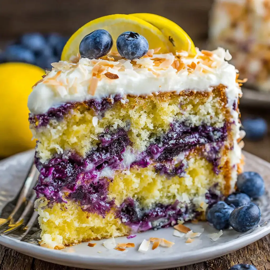 Blueberry Coconut Layer Cake close up