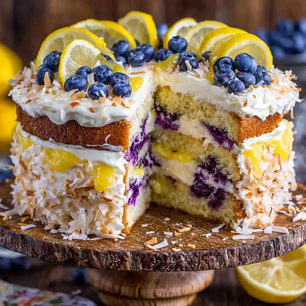 Blueberry Coconut Layer Cake final presentation