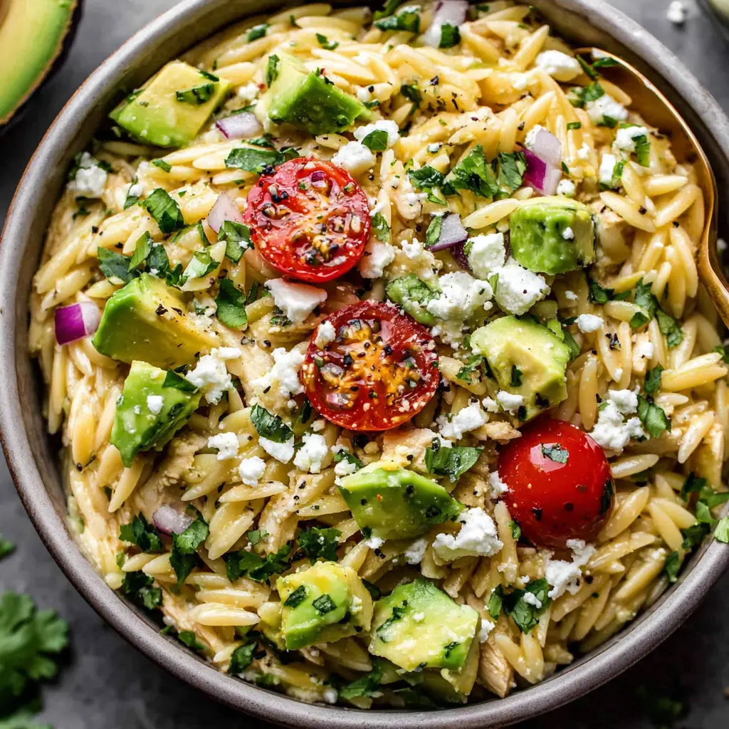 Chicken Avocado Orzo Bowl close up