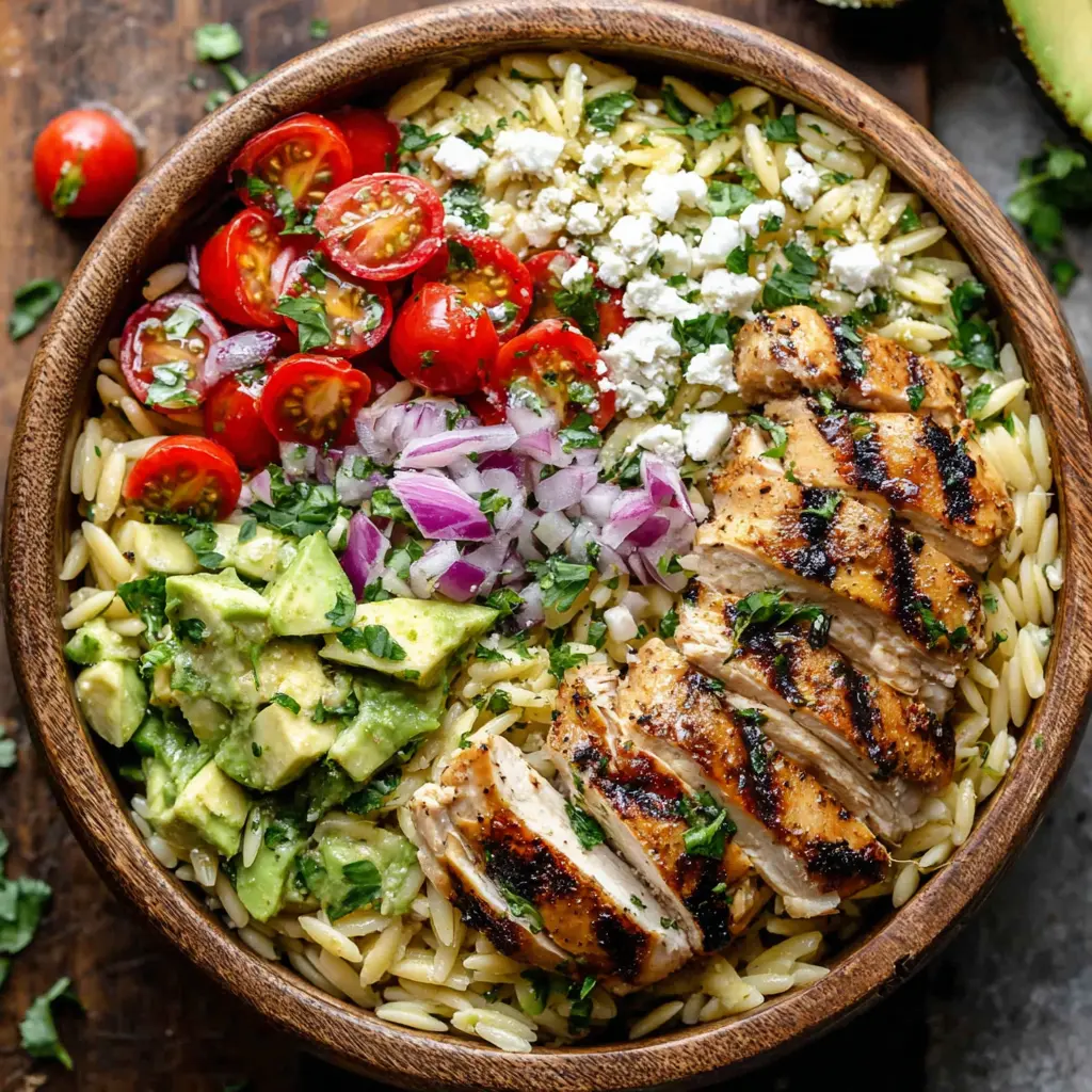 Chicken Avocado Orzo Bowl final presentation