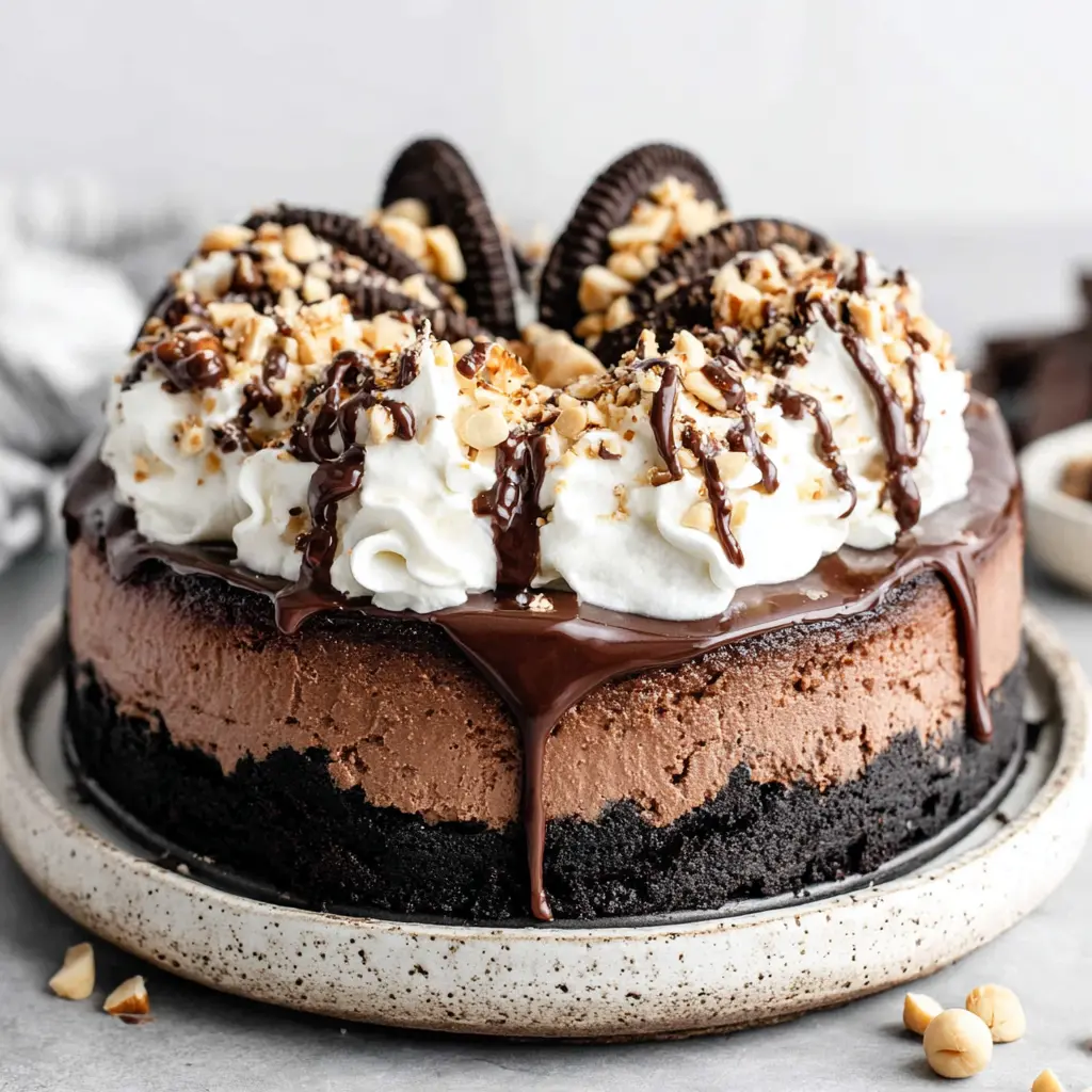 Chocolate Hazelnut Cheesecake Cake final presentation