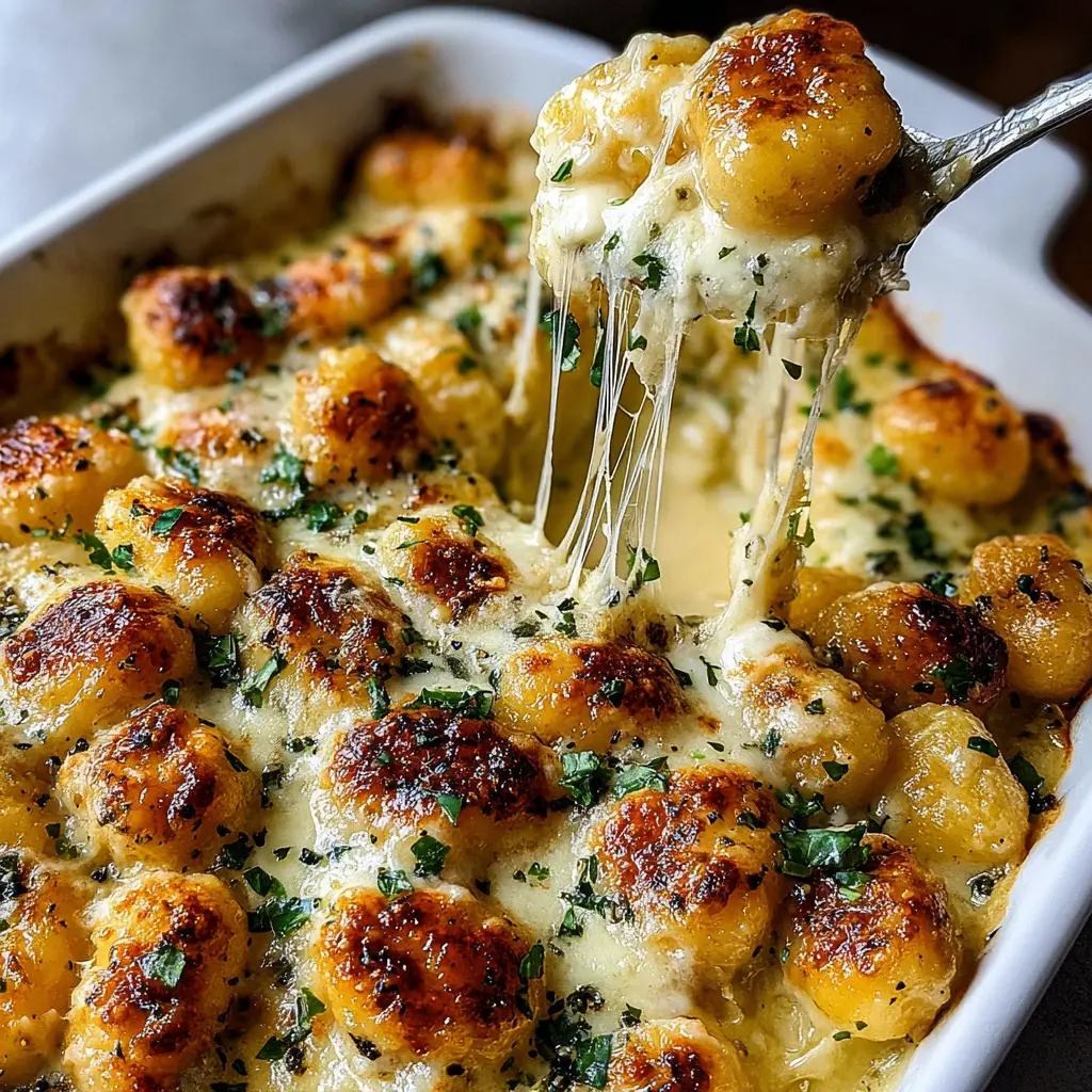Garlic Butter Chicken Gnocchi Bake close up