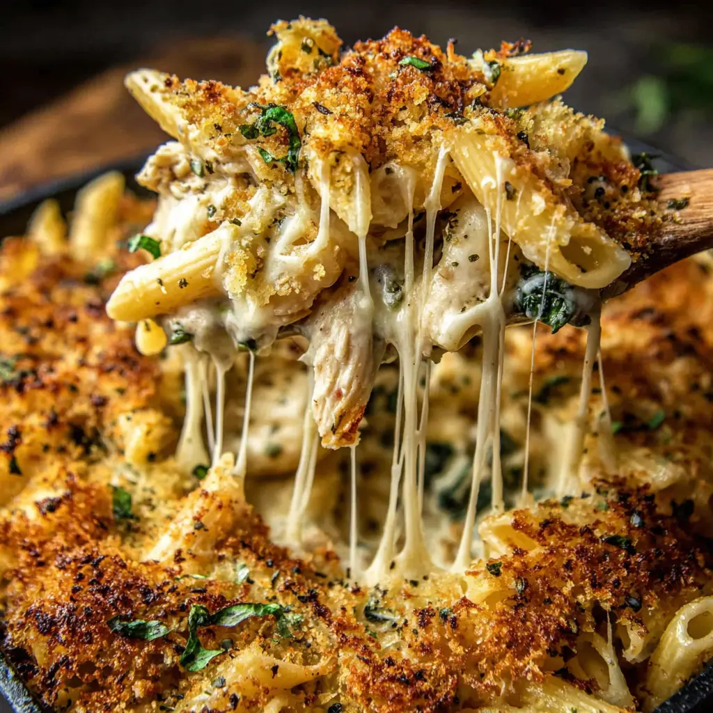 Garlic Butter Chicken Pasta Bake close up