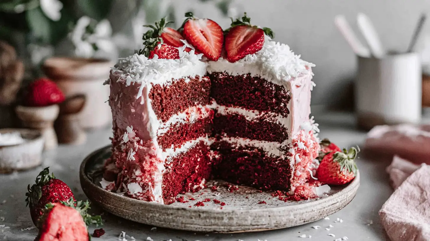 Strawberry Coconut Layer Cake final presentation