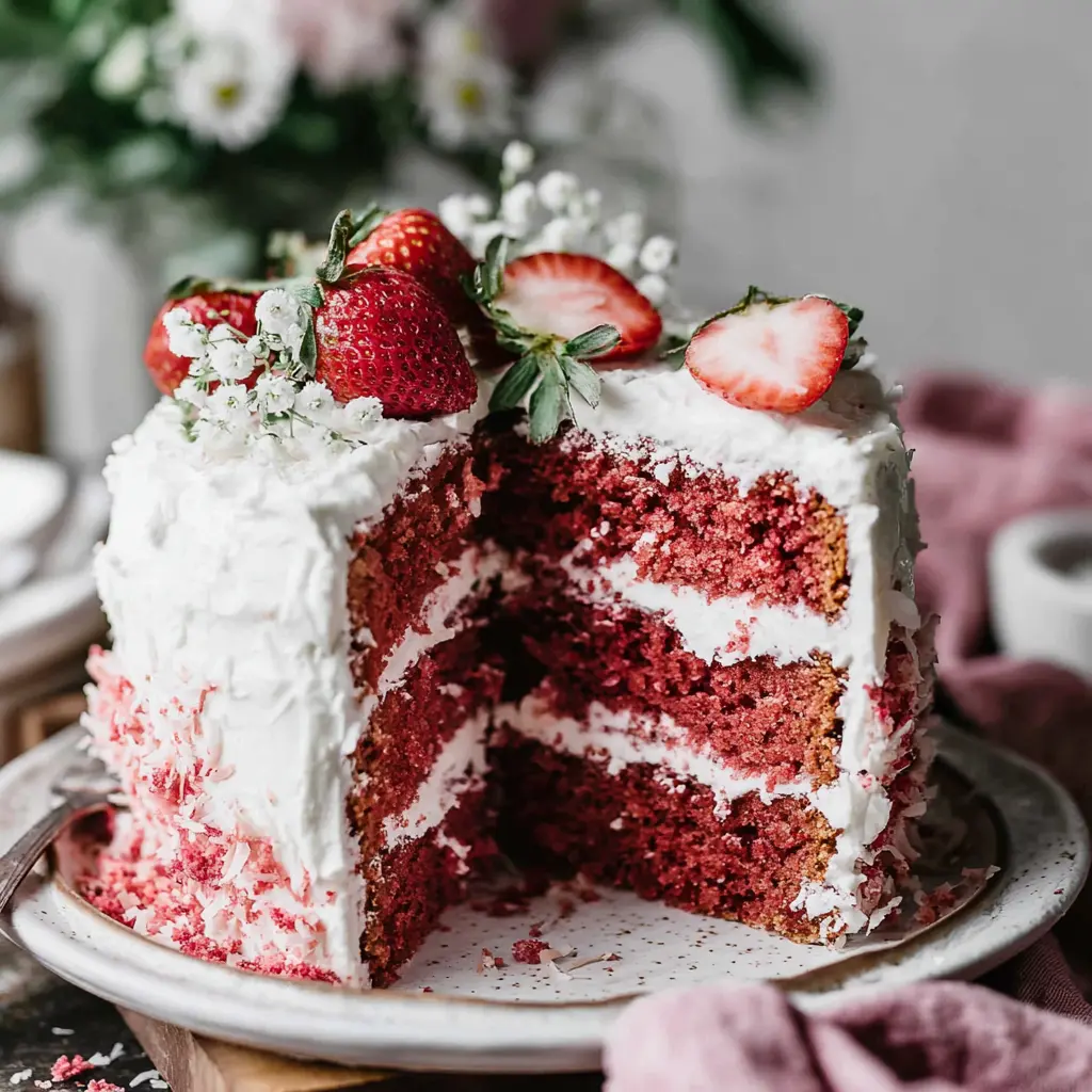 Strawberry Coconut Layer Cake close up