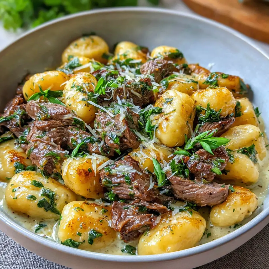 beef garlic butter gnocchi bowl close up