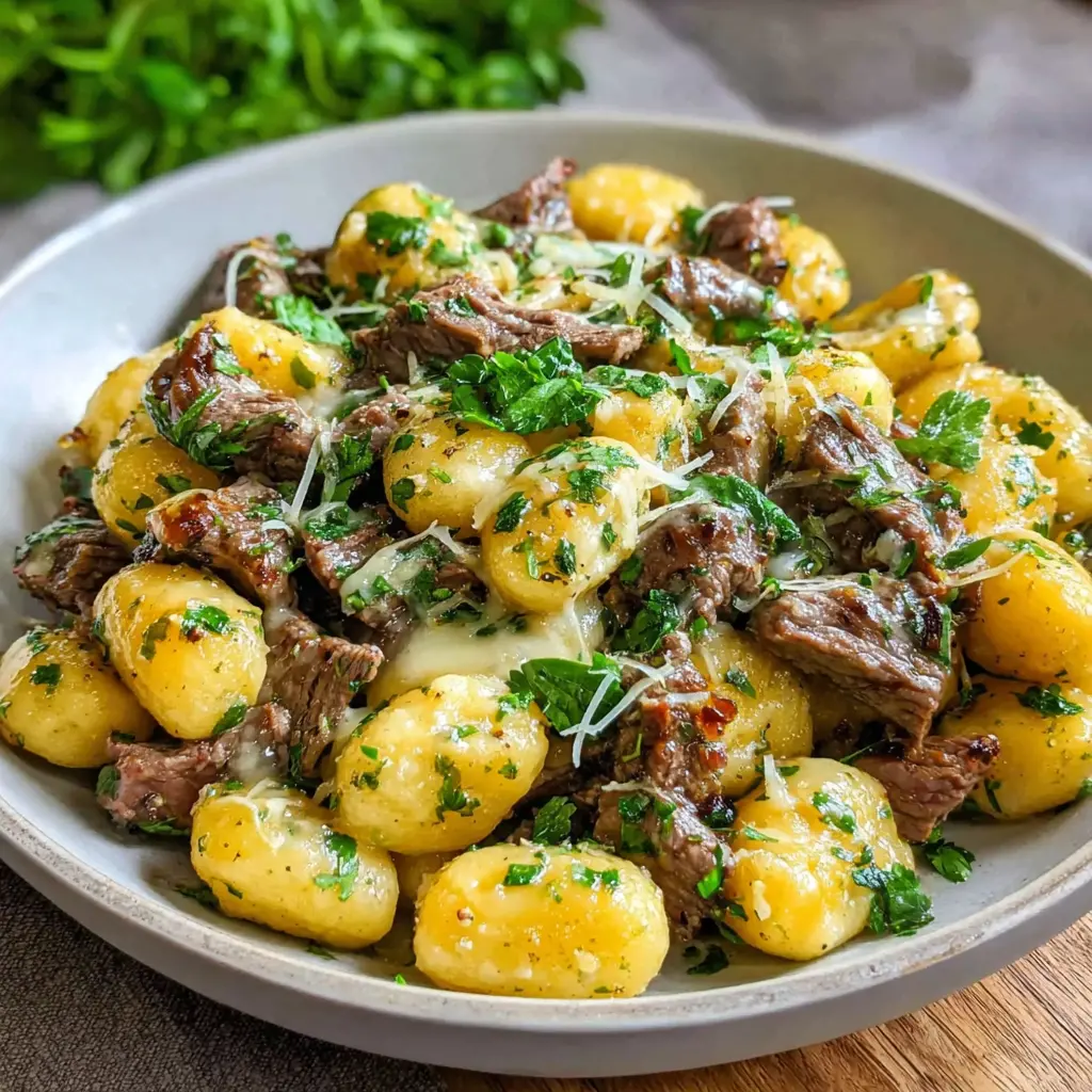 beef garlic butter gnocchi bowl final presentation