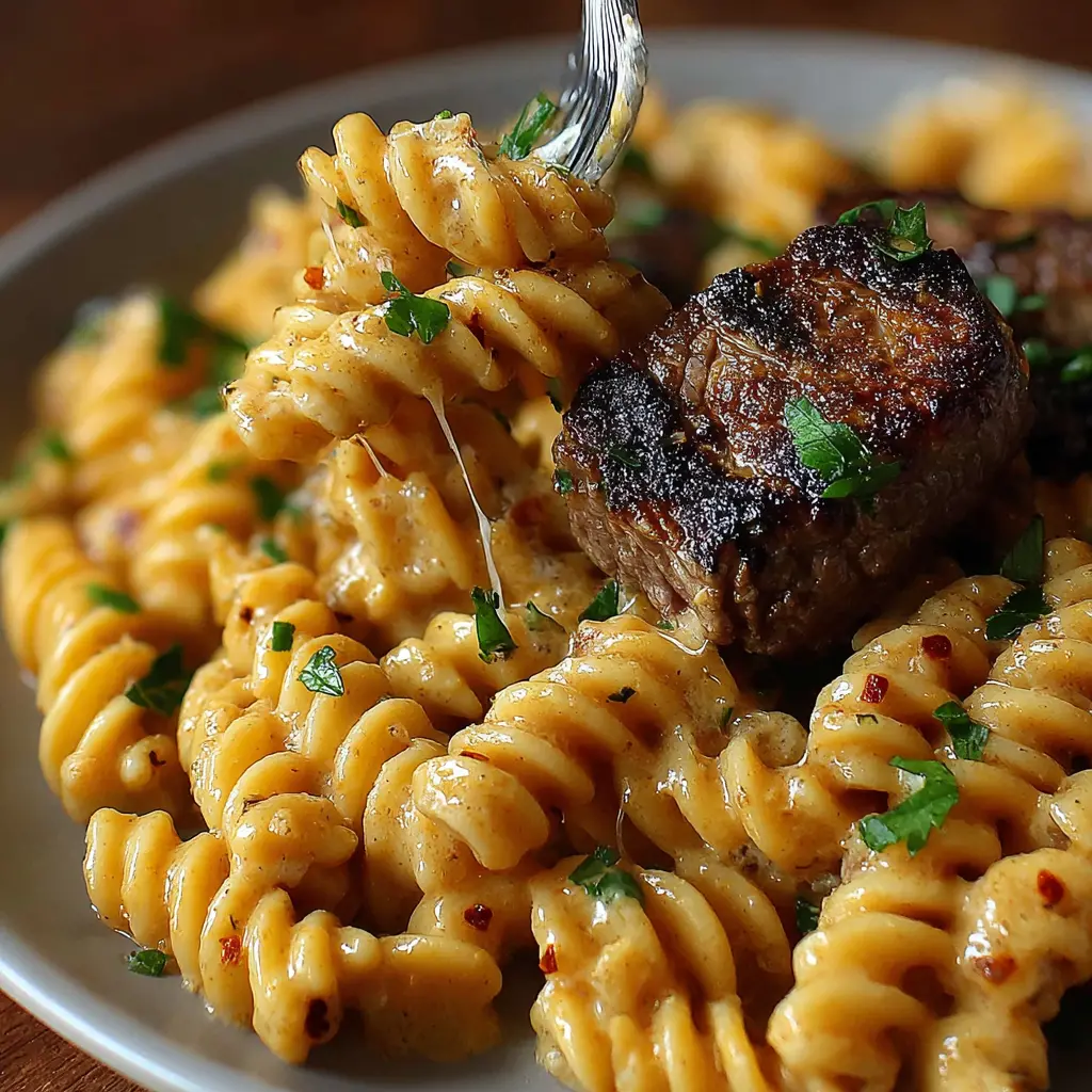 Beef Garlic Butter Pasta Bake close up