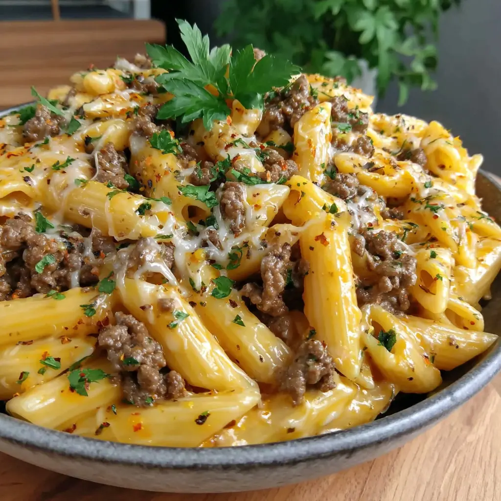 Beef Garlic Butter Pasta Bowl final presentation