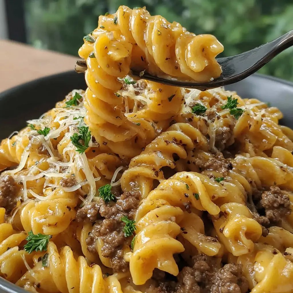 Beef Garlic Butter Pasta Bowl close up