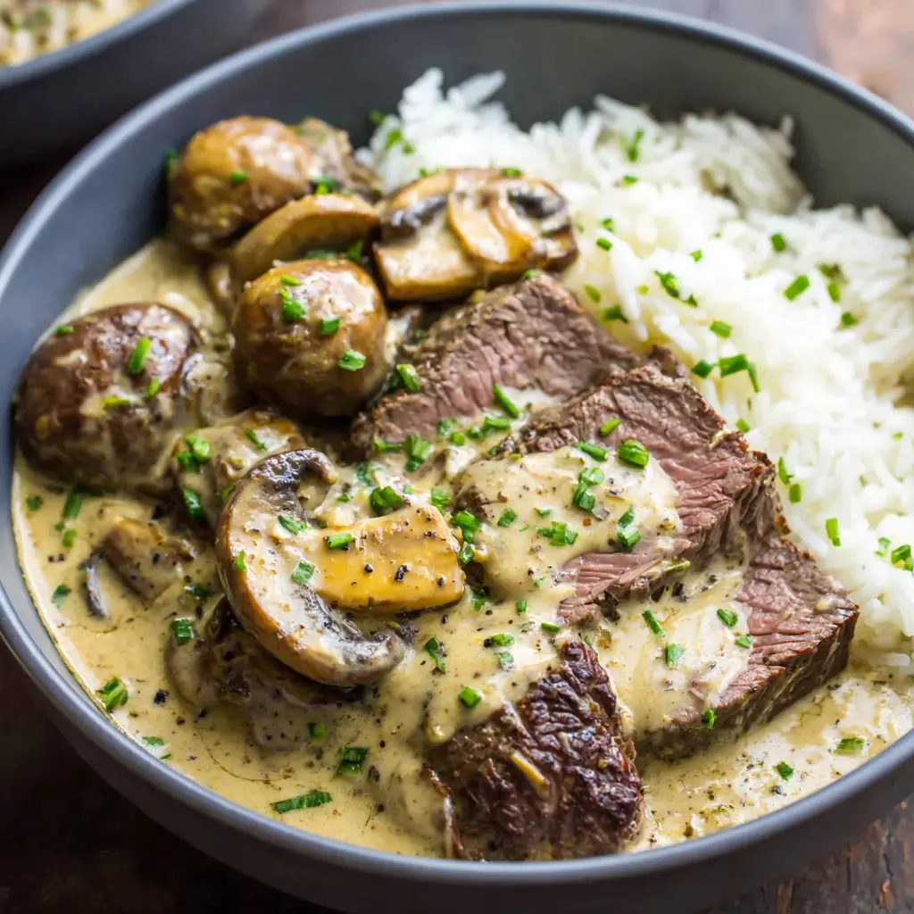 Beef Stroganoff Rice Bowl close up