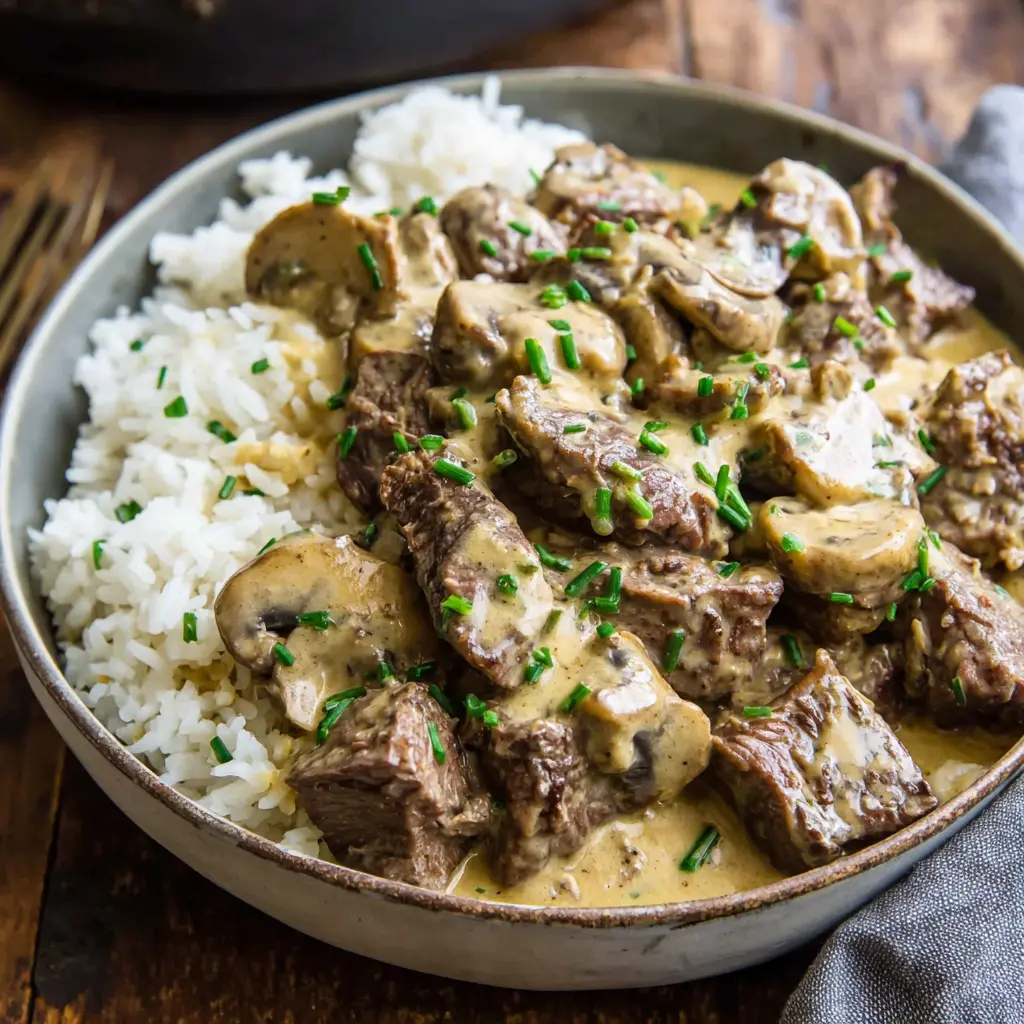 Beef Stroganoff Rice Bowl final presentation