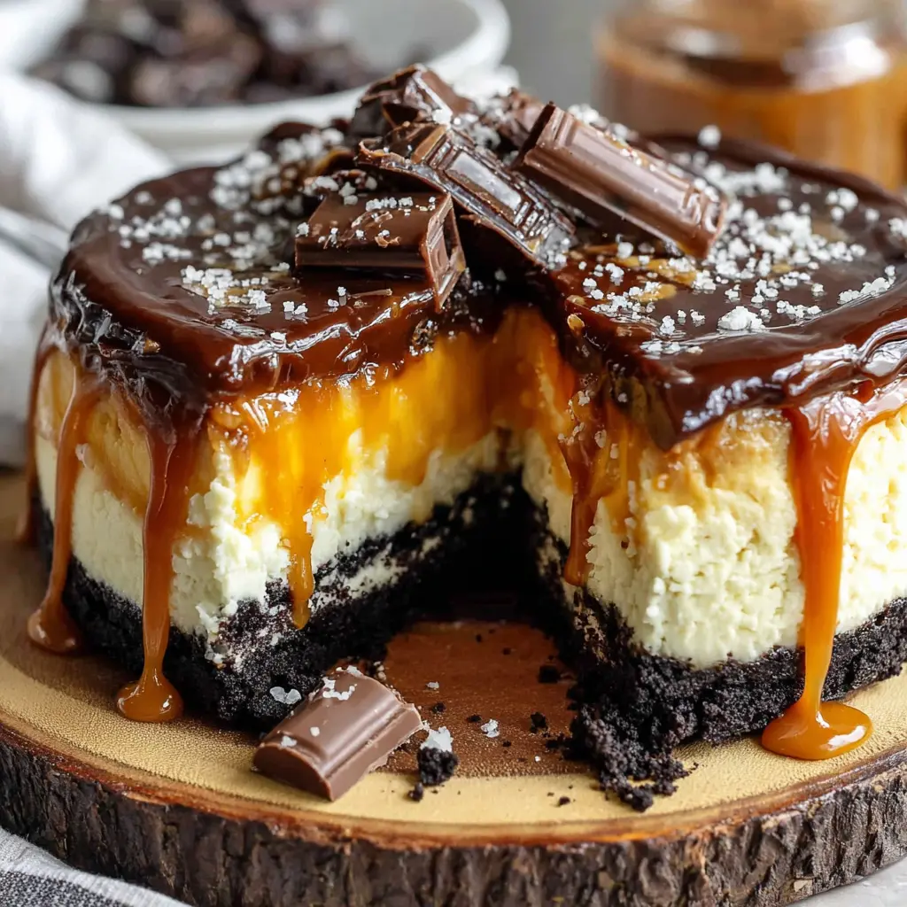 Caramel Chocolate Cheesecake Cake final presentation