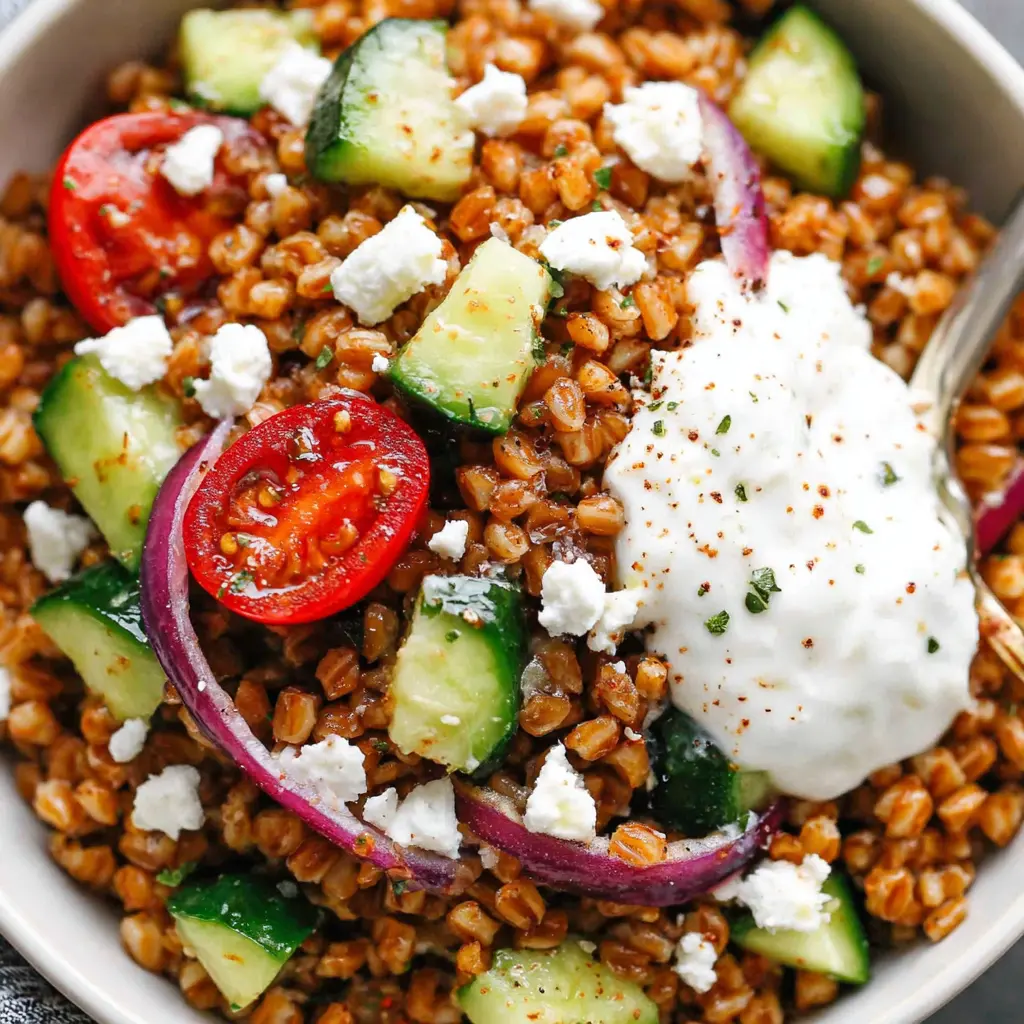 Chicken Avocado Farro Bowl close up