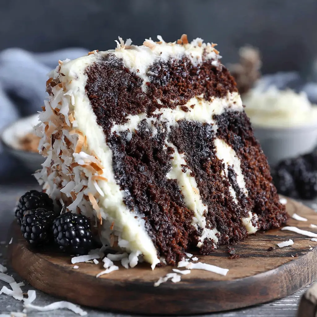 Chocolate Coconut Cream Cake final presentation