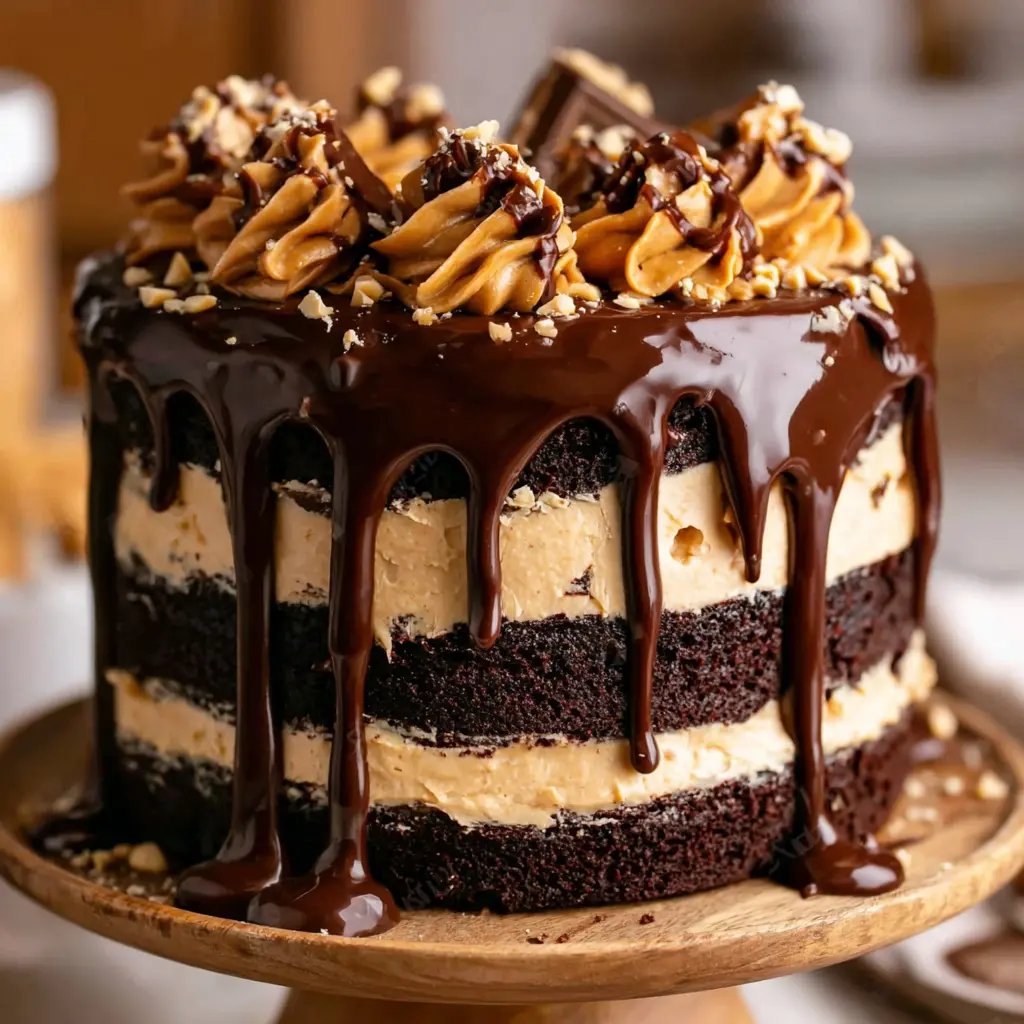 Chocolate Peanut Butter Drip Cake final presentation