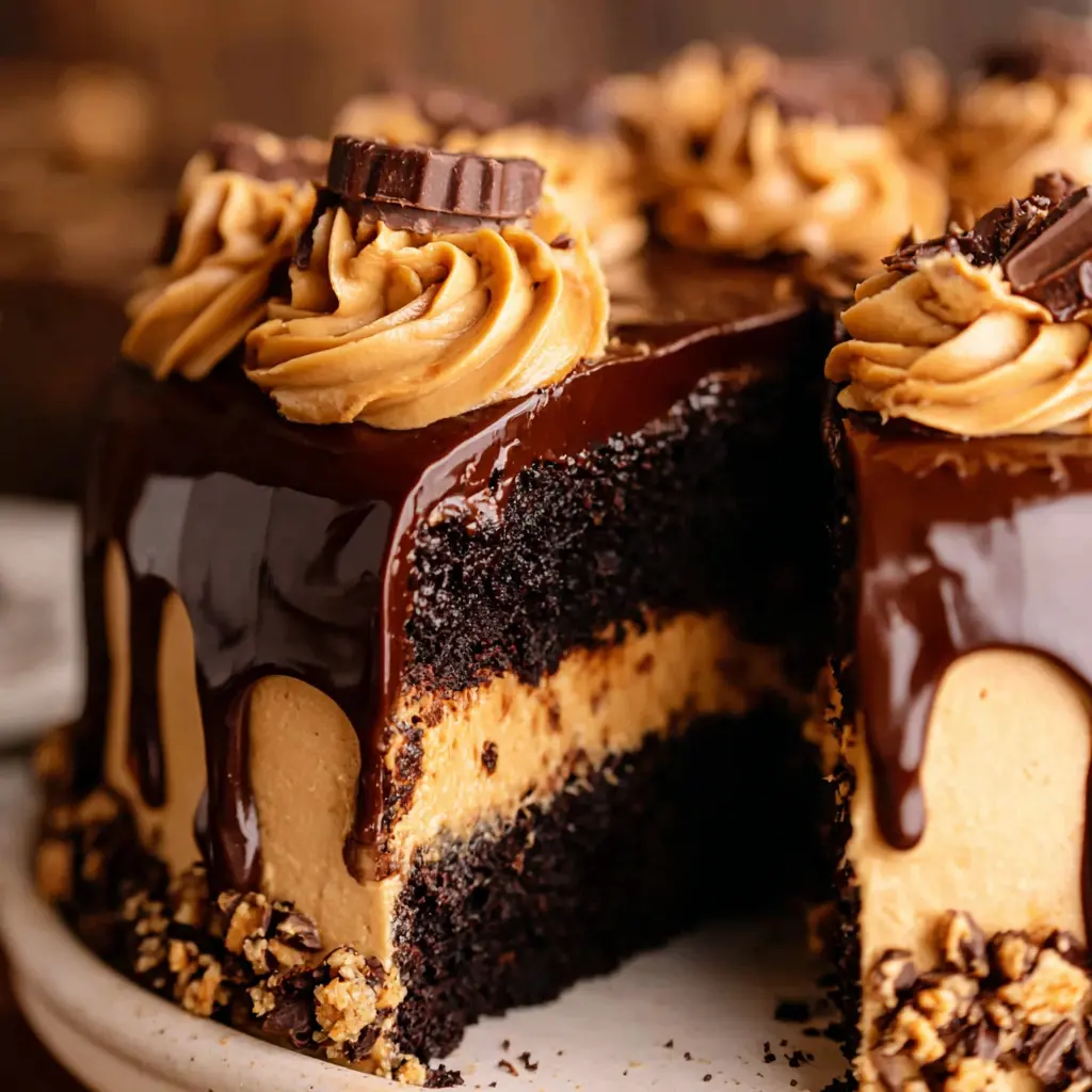 Chocolate Peanut Butter Drip Cake close up