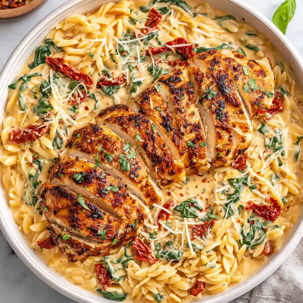 Creamy Garlic Chicken Orzo Bowl close up
