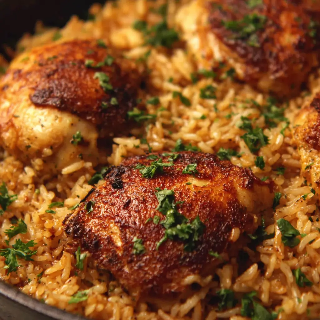 Creamy Garlic Chicken Rice Bake close up