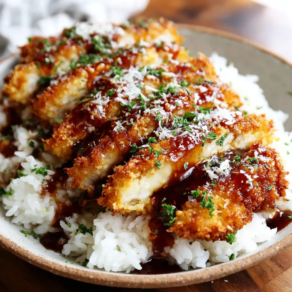 Crispy Chicken Parmesan Rice Bowl final presentation