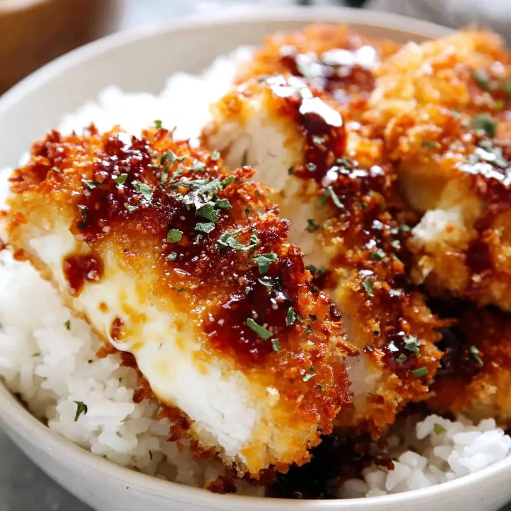 Crispy Chicken Parmesan Rice Bowl close up