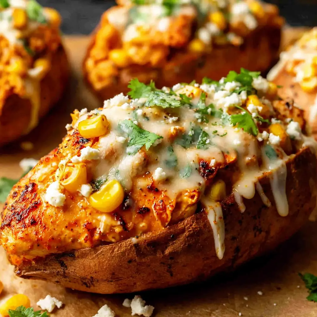 Crispy Chicken Stuffed Sweet Potatoes close up