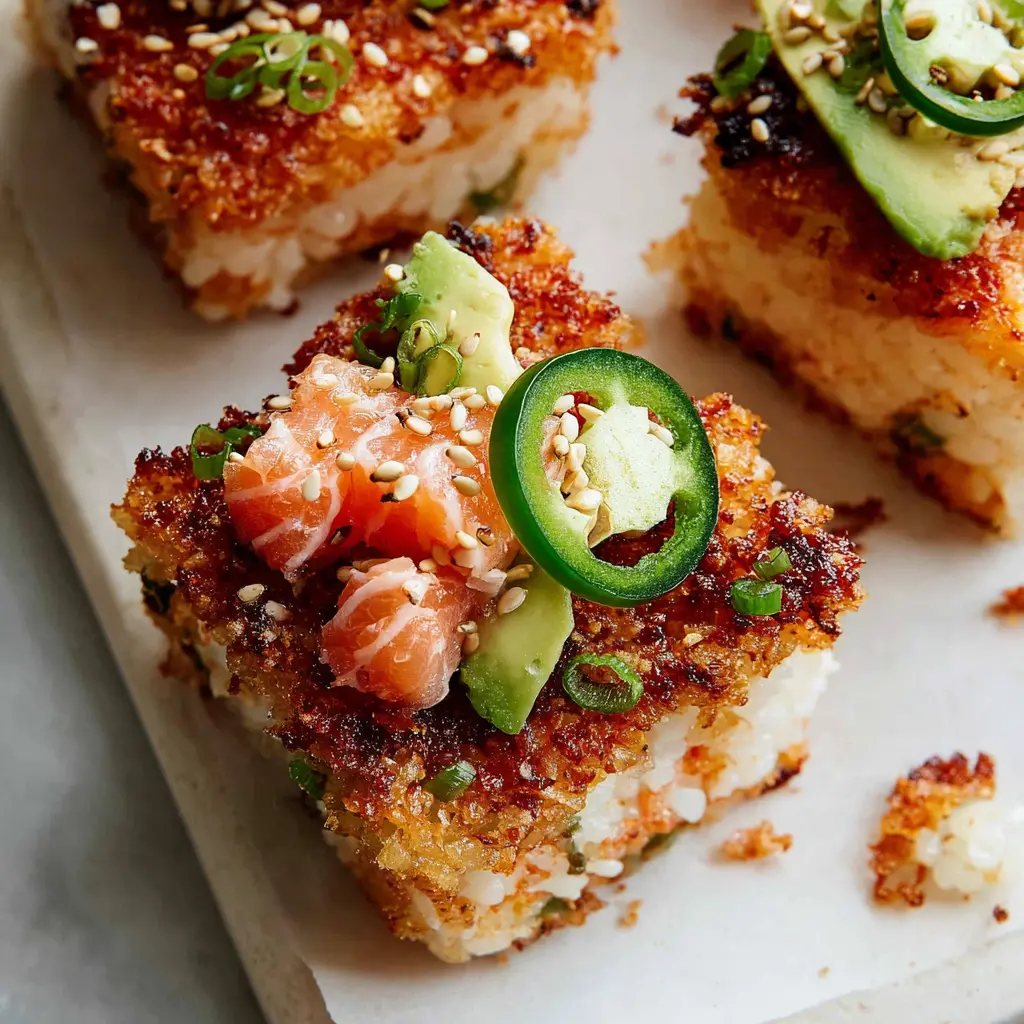 Crispy Rice Salmon Stack close up