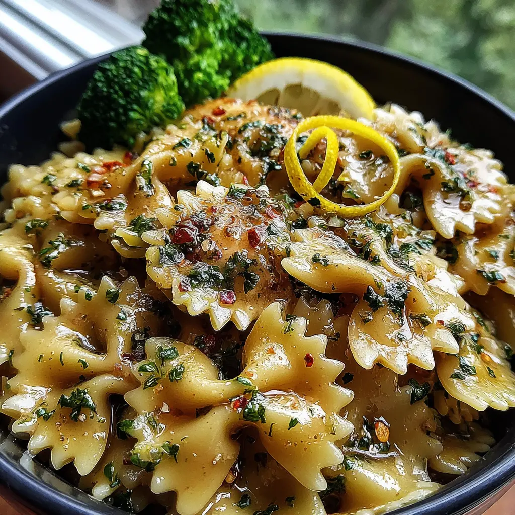 Garlic Butter Chicken Pasta Bowl close up