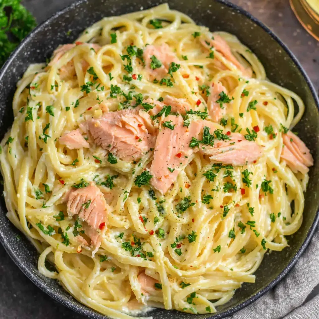 Garlic Butter Salmon Pasta close up