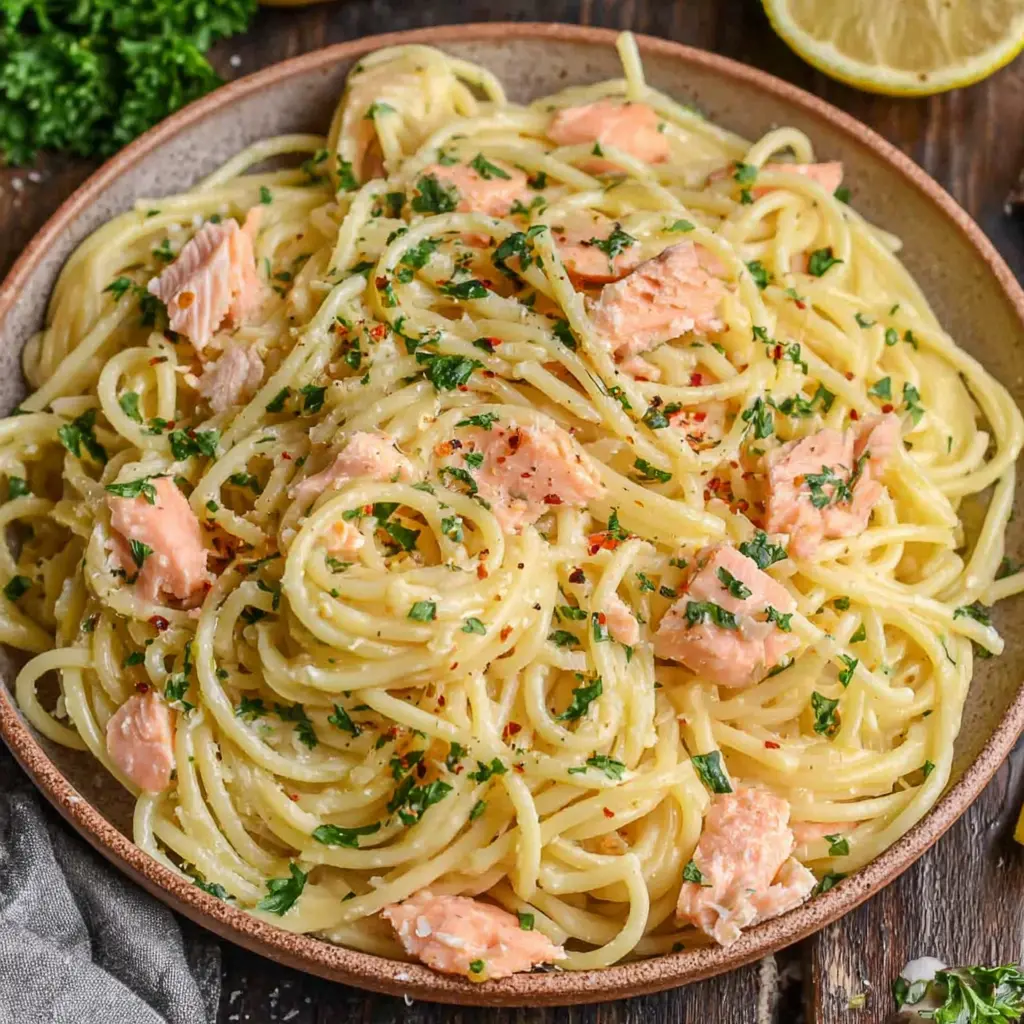 Garlic Butter Salmon Pasta final presentation