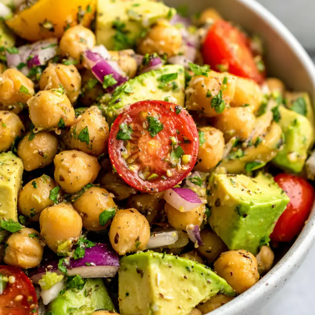 Greek Chickpea Avocado Salad Bowl close up