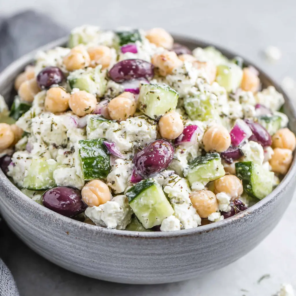 Greek Chickpea Feta Salad Bowl close up