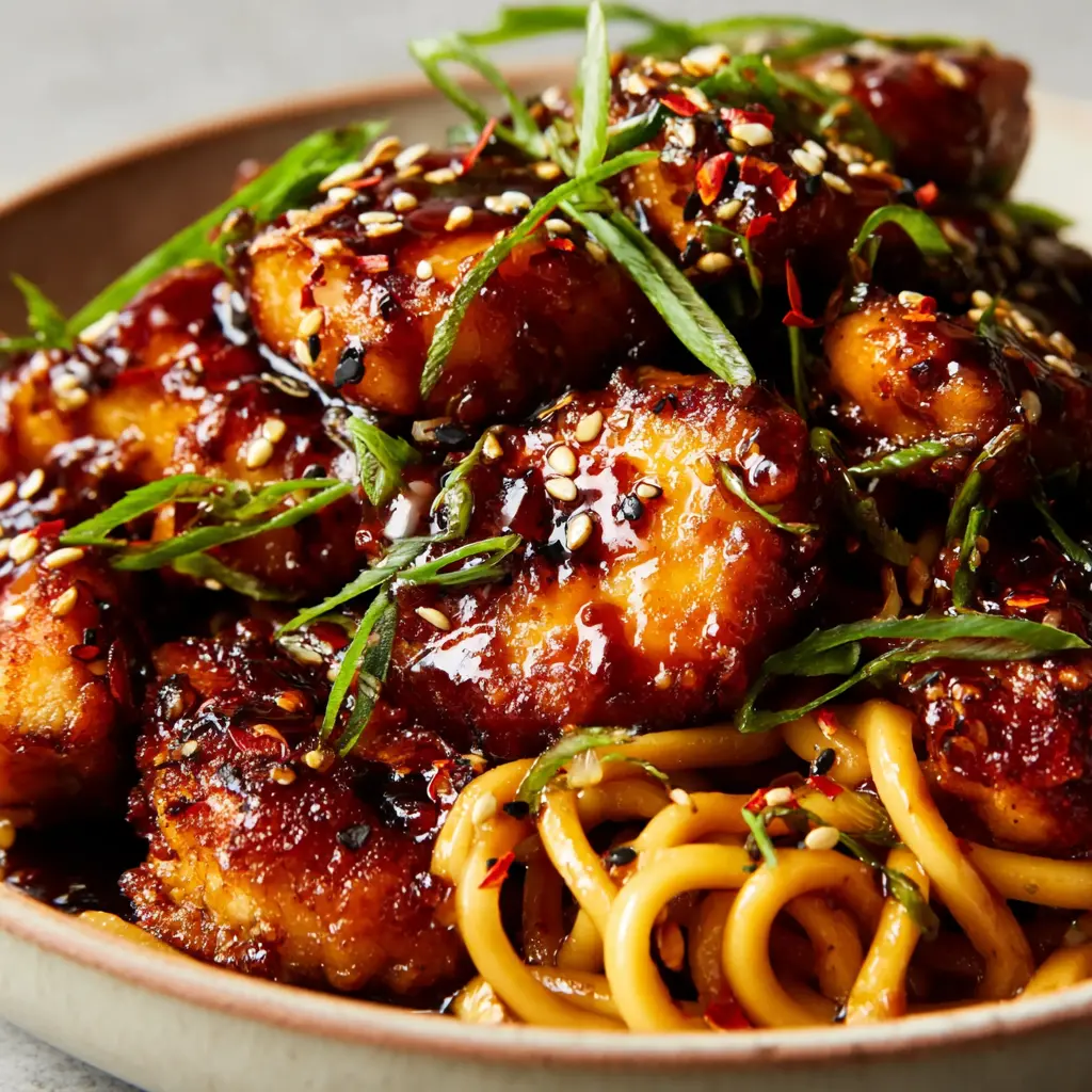 Honey Garlic Chicken Noodle Bowl close up