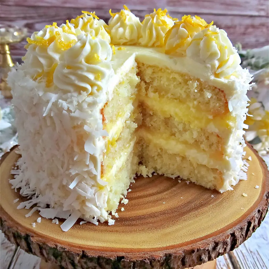 Lemon Coconut Cream Cake final presentation