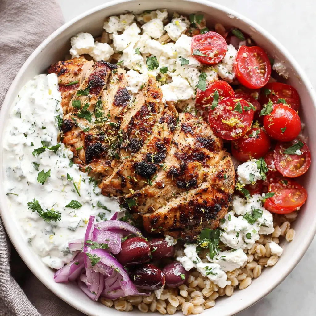 Mediterranean Chicken Farro Bowl close up