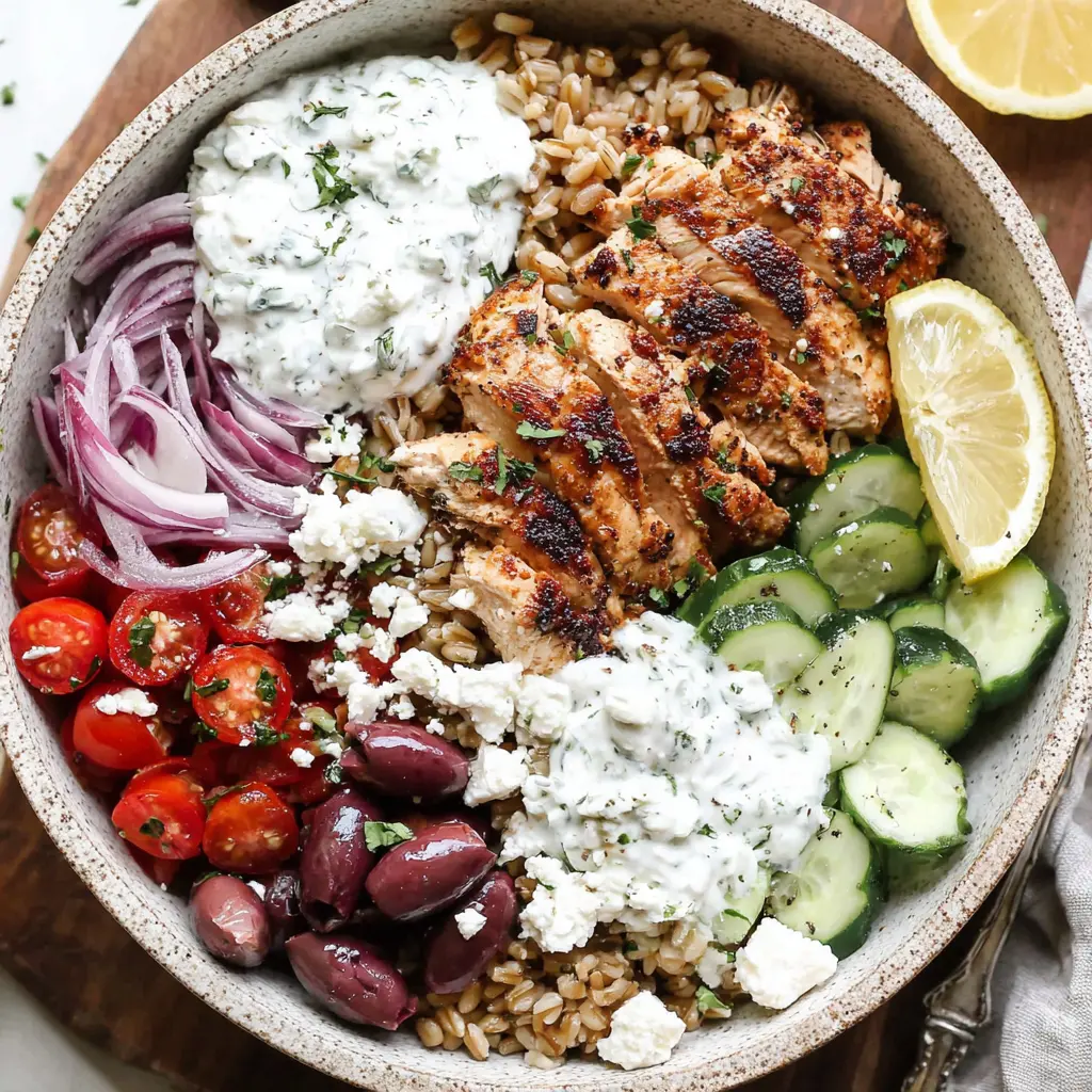 Mediterranean Chicken Farro Bowl final presentation