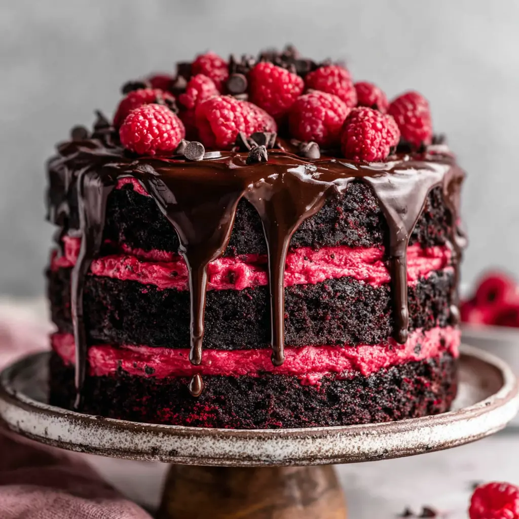 Raspberry Chocolate Layer Cake final presentation