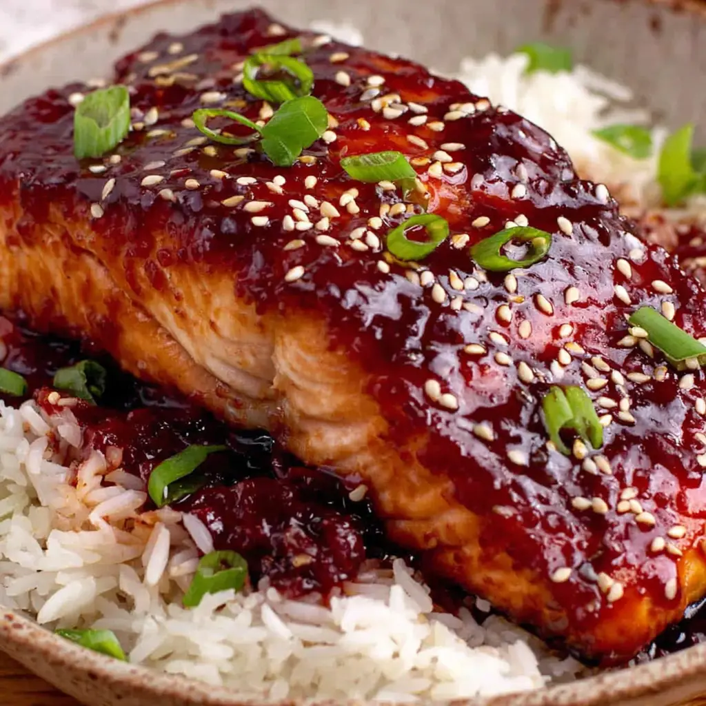 Spicy Honey Garlic Salmon Bowl final presentation