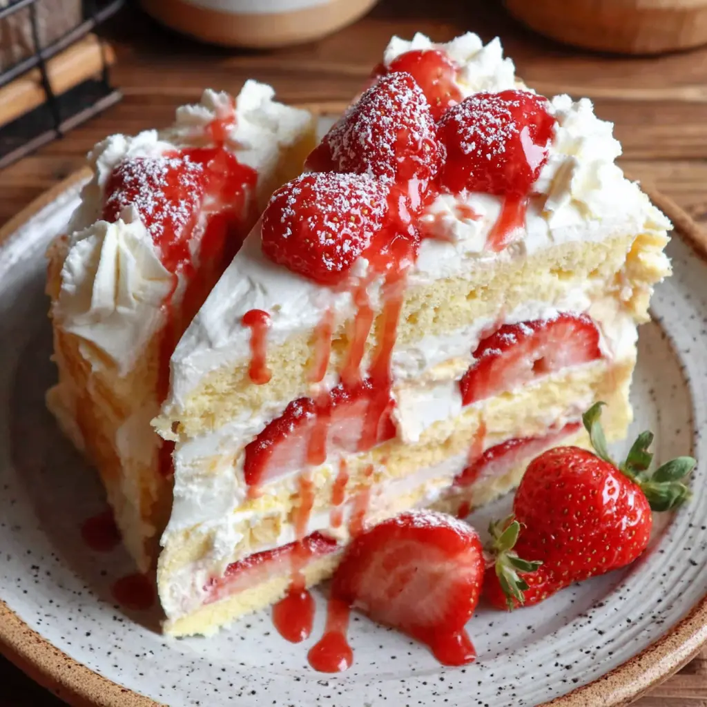 Strawberry Caramel Cream Cake final presentation