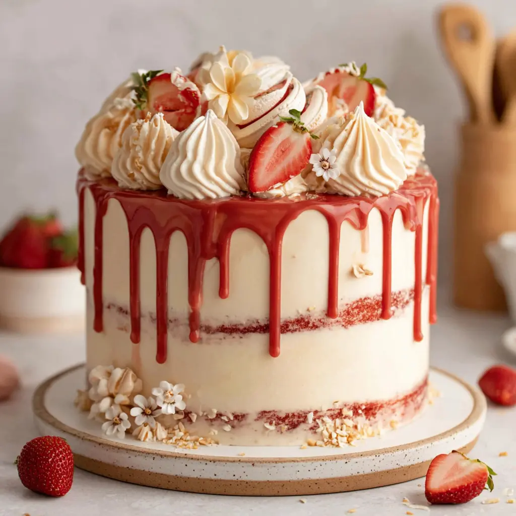 Strawberry Lemon Drip Cake final presentation
