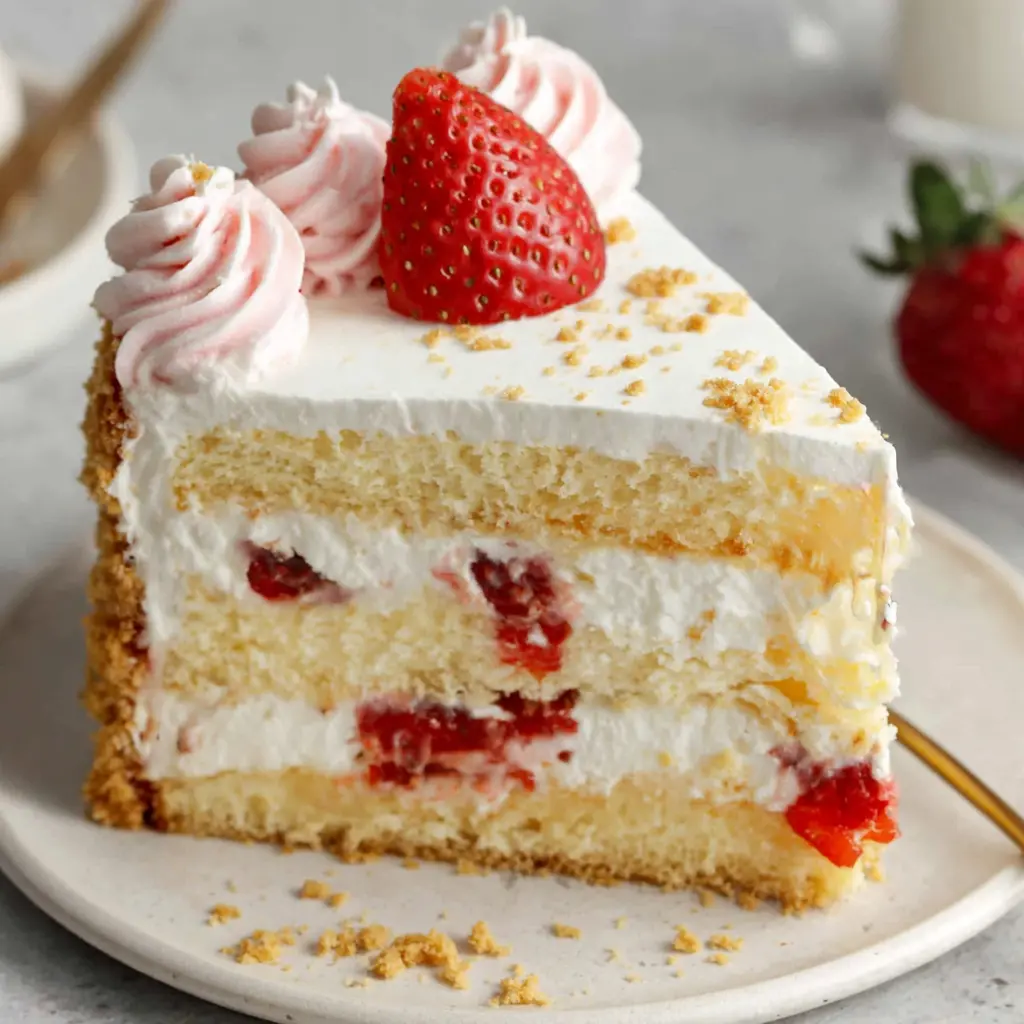 Strawberry Vanilla Cream Cheesecake Cake close up