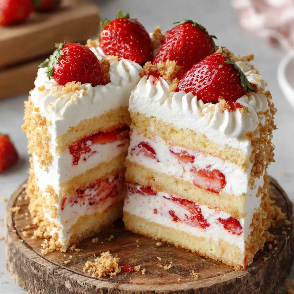 Strawberry Vanilla Cream Cheesecake Cake final presentation