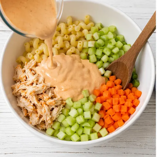 Step 3: Tossing pasta with chicken, vegetables, and dressing