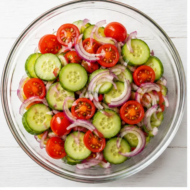 Step 1: Toss cucumbers, tomatoes, and onion together