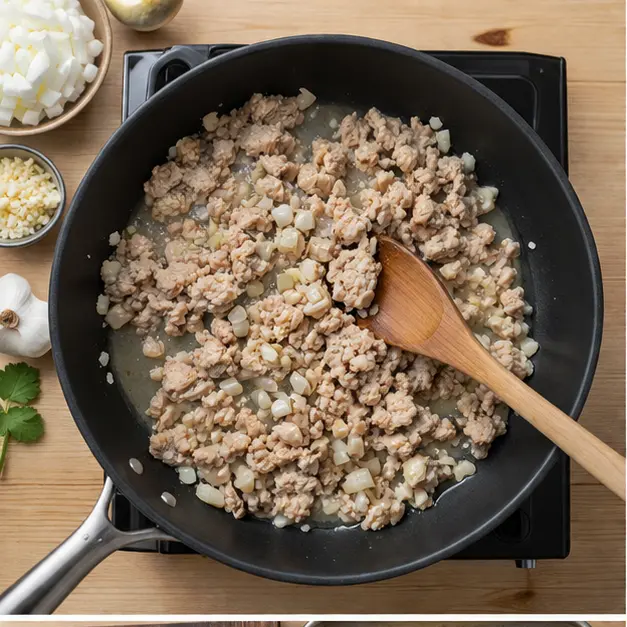 Step 1: Browning the ground chicken with onion and garlic