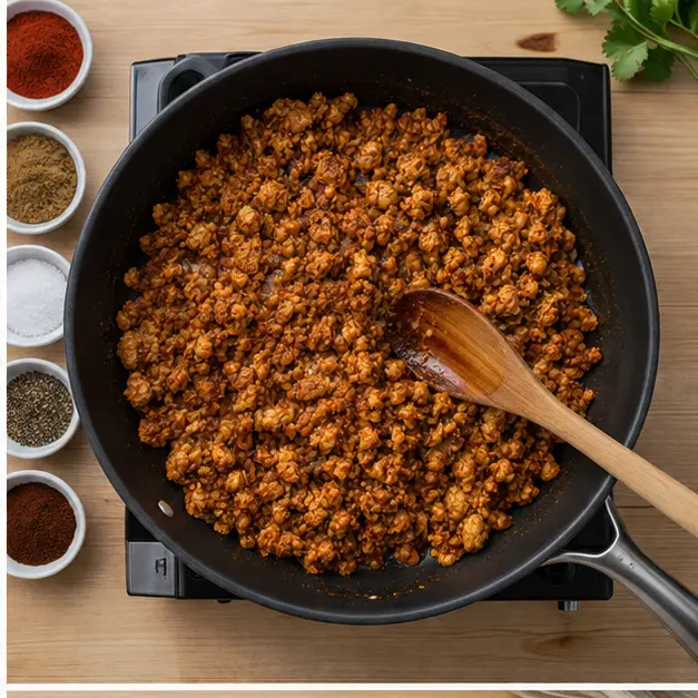 Step 2: Adding spices and enchilada sauce to the filling