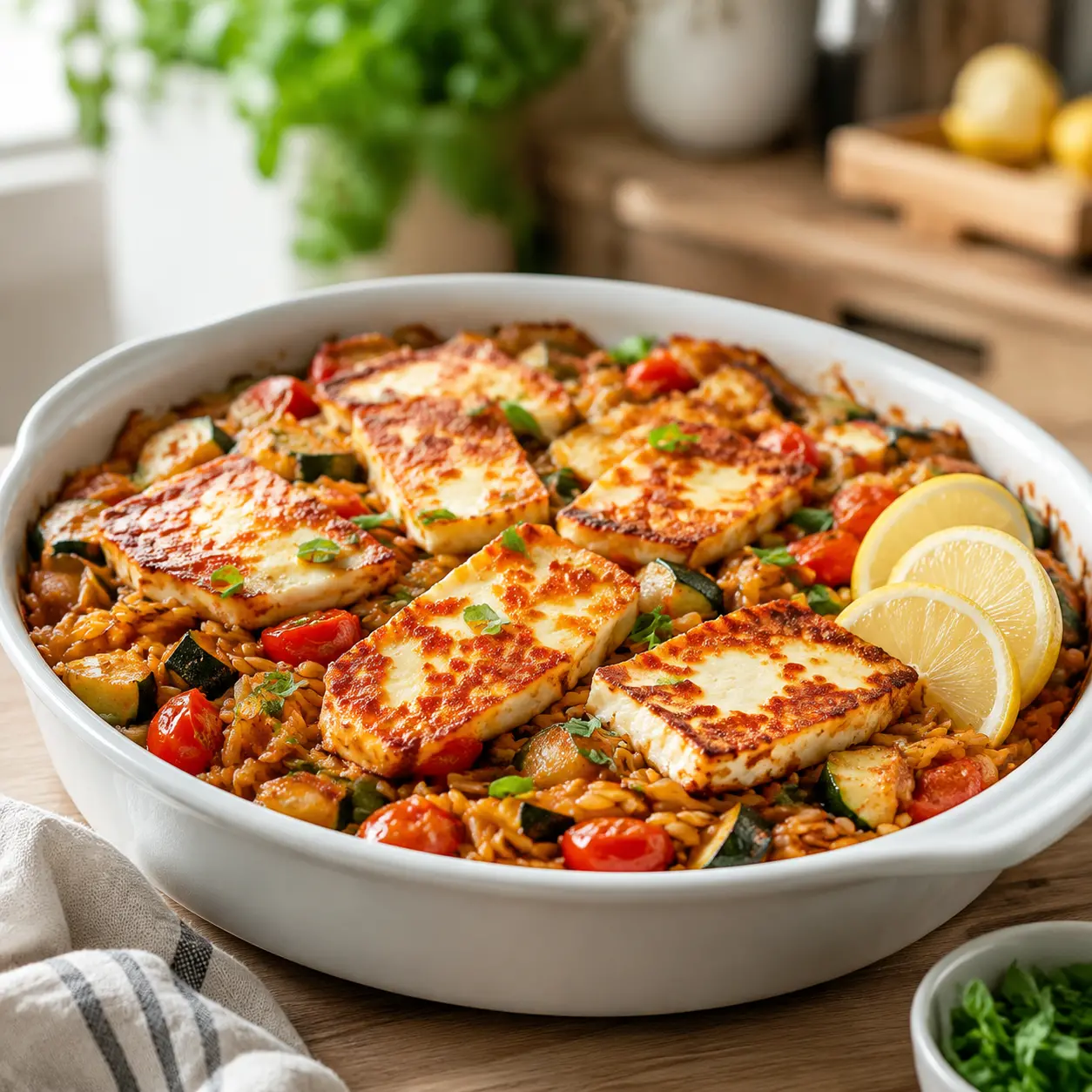 baked orzo with halloumi - final presentation