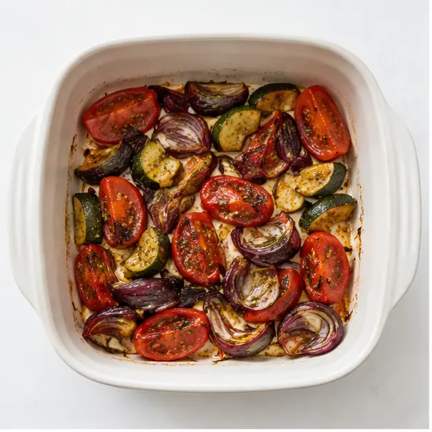 Step 1: Roasting vegetables in a baking dish